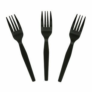 Three Medium Heavy Black Polystyrene Forks