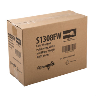 closed case of Medium Heavy White Polystyrene Individually Wrapped Forks
