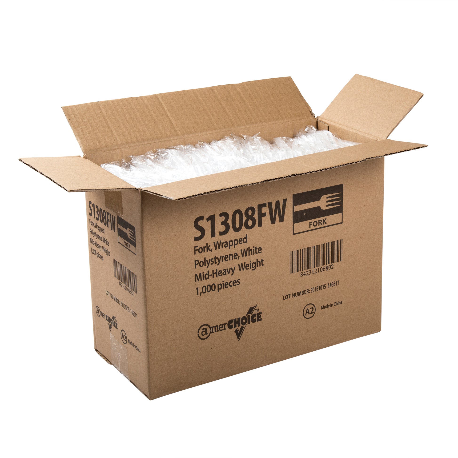 open case of Medium Heavy White Polystyrene Individually Wrapped Forks