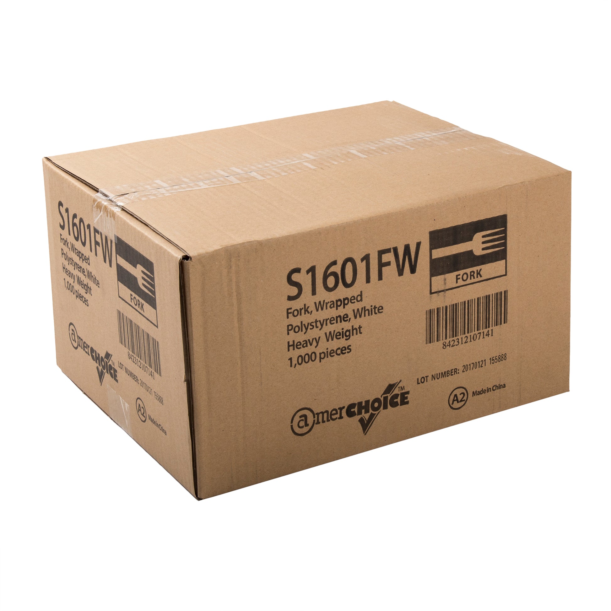 closed case of Heavy White Polystyrene Individually Wrapped Forks
