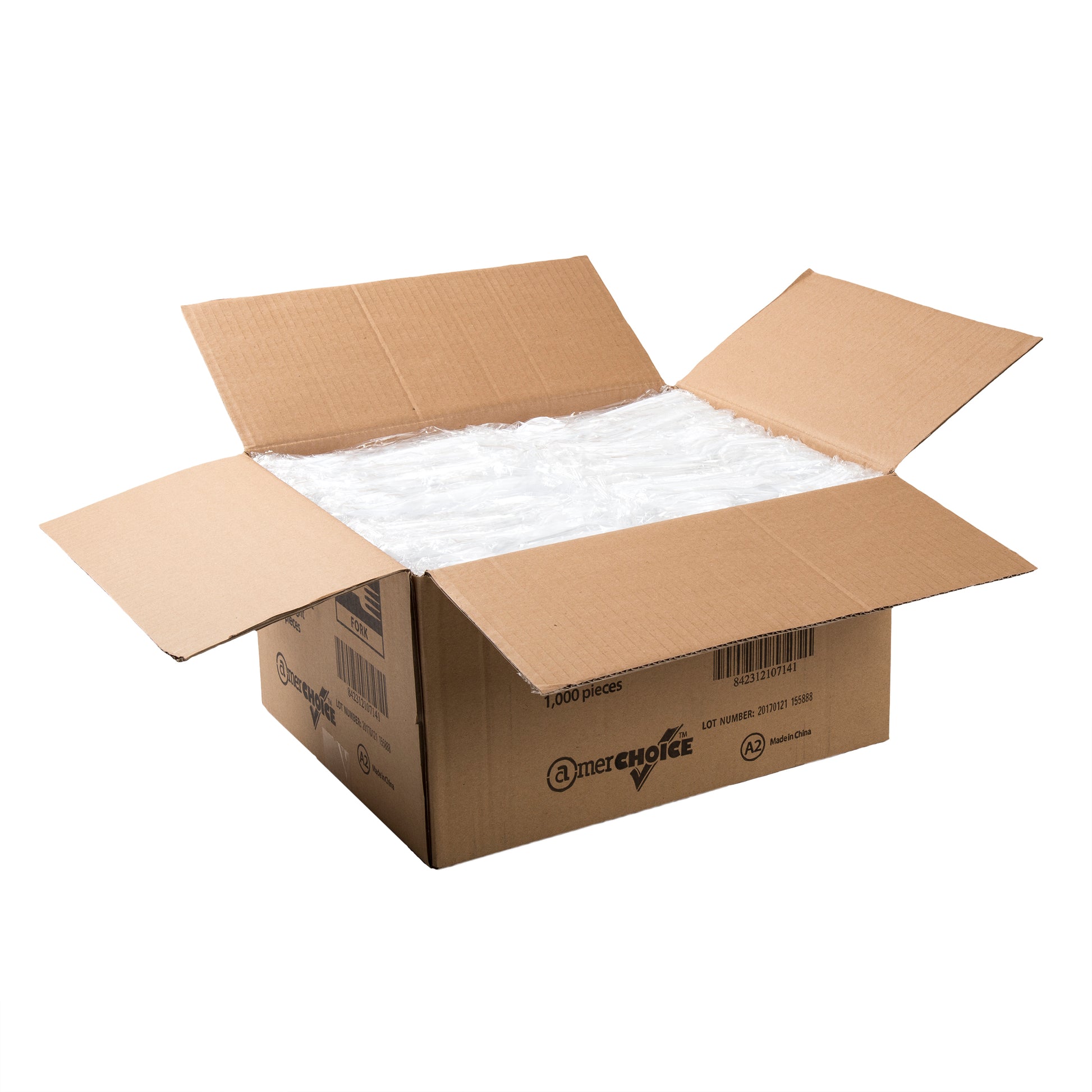 open case of Heavy White Polystyrene Individually Wrapped Forks