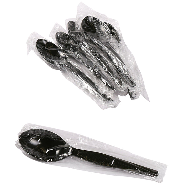 Medium Heavy Black Polystyrene Individually Wrapped Teaspoons on counter