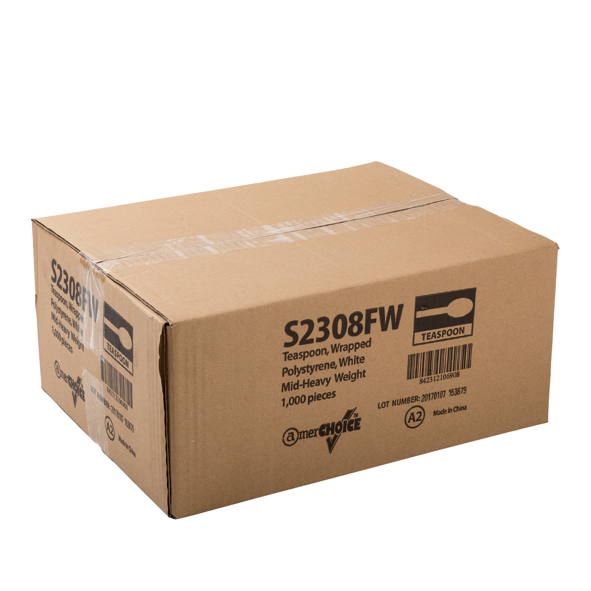 closed case of Medium Heavy White Polystyrene Individually Wrapped Teaspoons