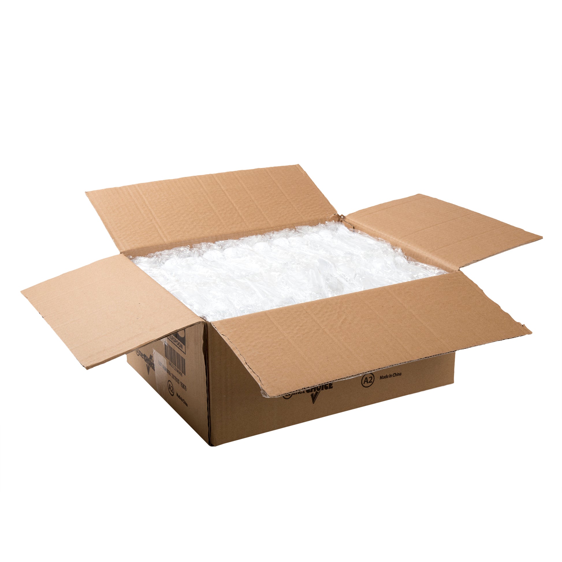 open case of Medium Heavy White Polystyrene Individually Wrapped Teaspoons
