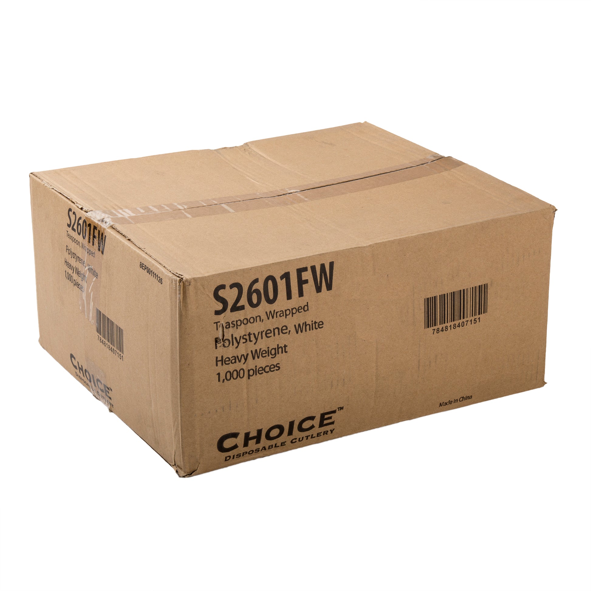 closed case of Heavy White Polystyrene Individually Wrapped Teaspoons