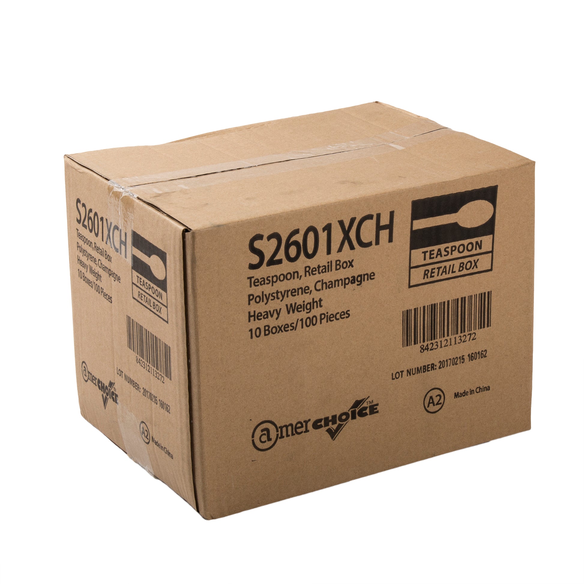 closed case of Three Heavy Champagne Retail Boxed Polystyrene Teaspoons