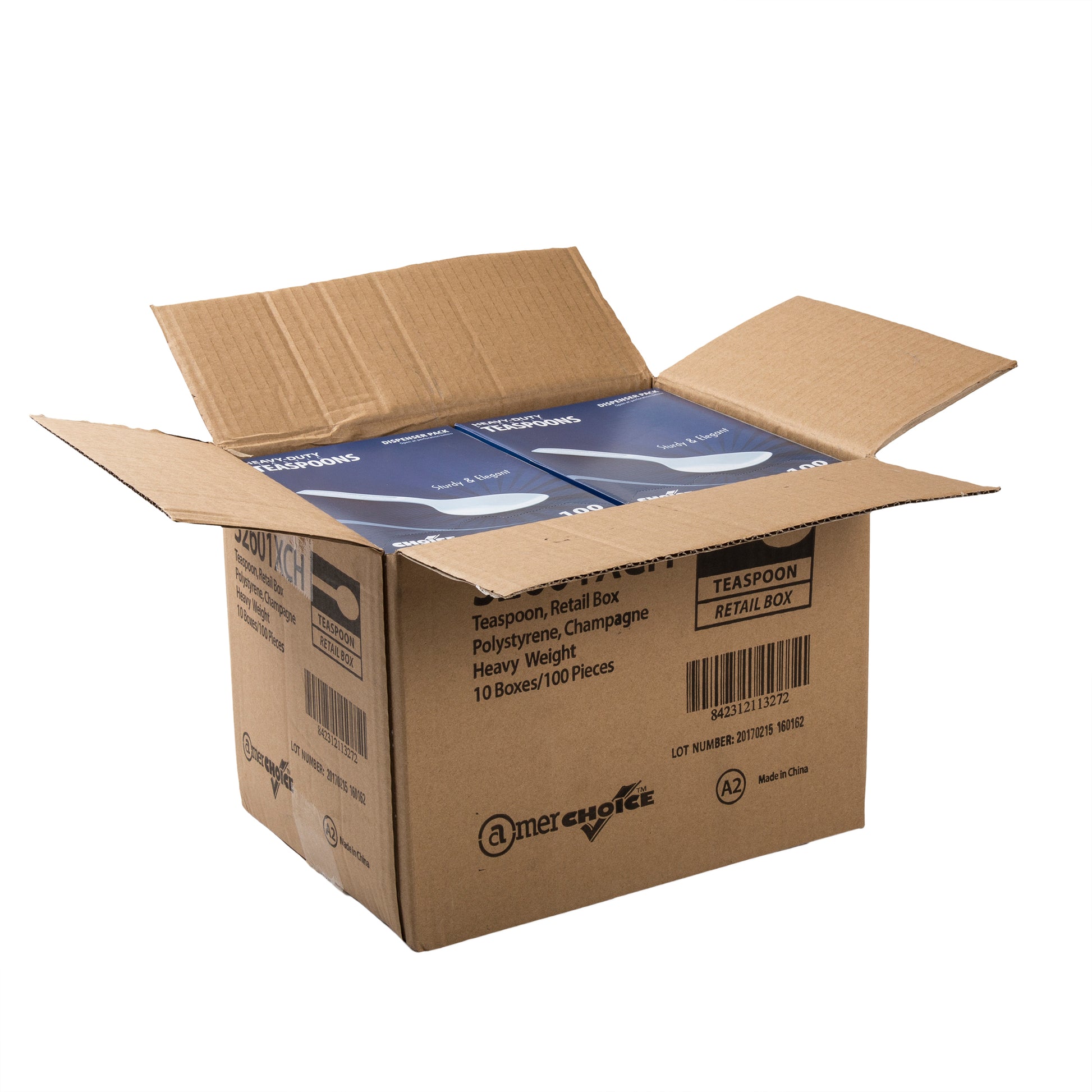 open case of Three Heavy Champagne Retail Boxed Polystyrene Teaspoons