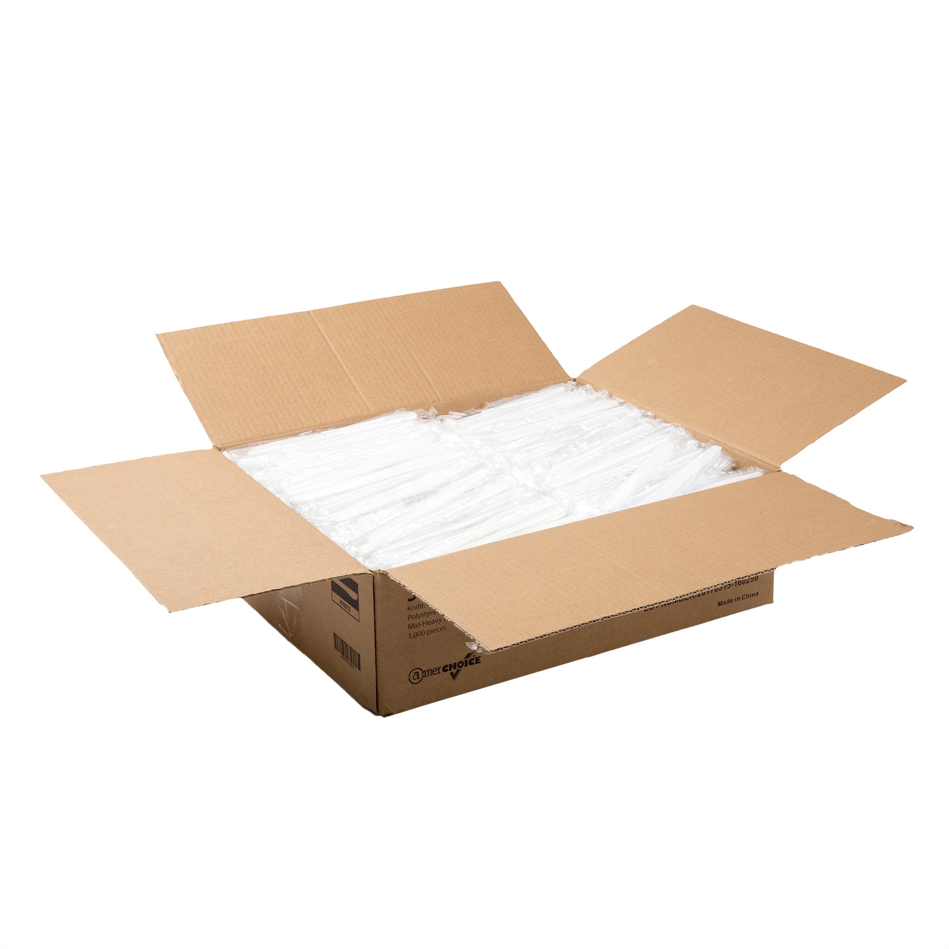 open case of Medium Heavy White Polystyrene Individually Wrapped Knives