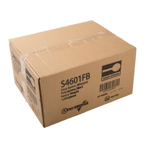 closed case of Heavy Black Polystyrene Individually Wrapped soup spoons