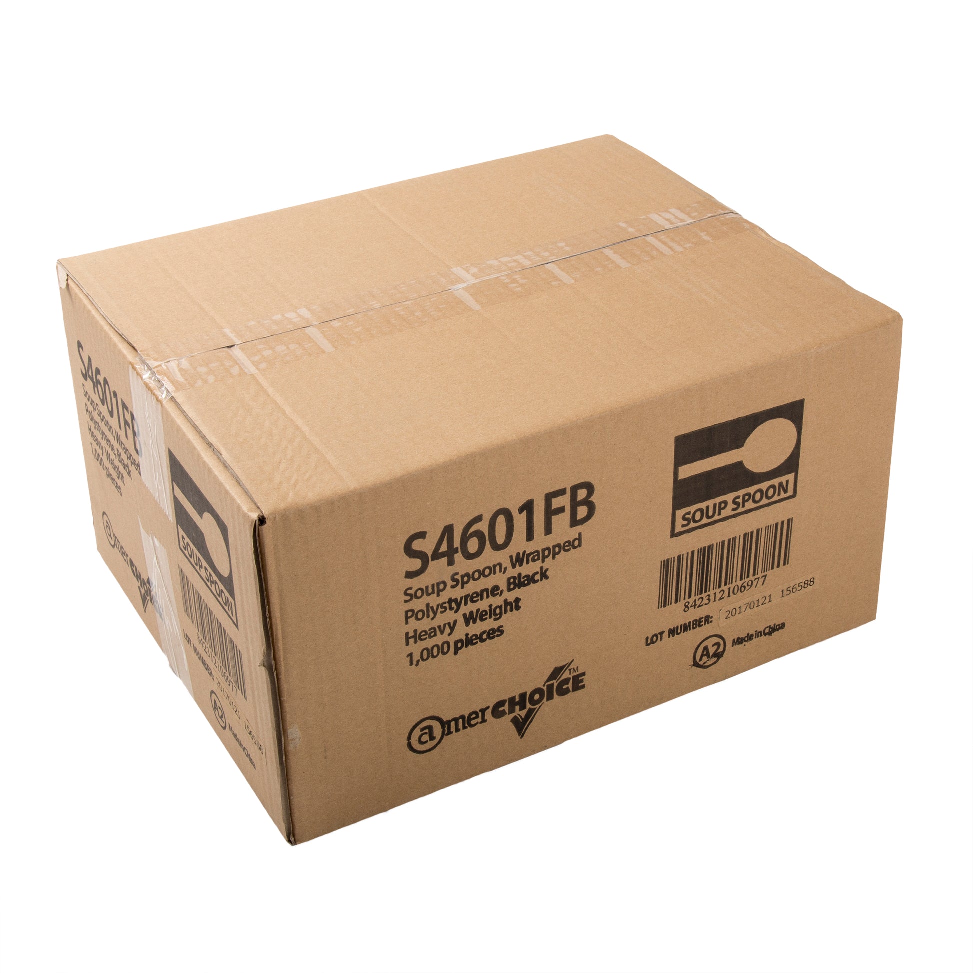 closed case of Heavy Black Polystyrene Individually Wrapped soup spoons