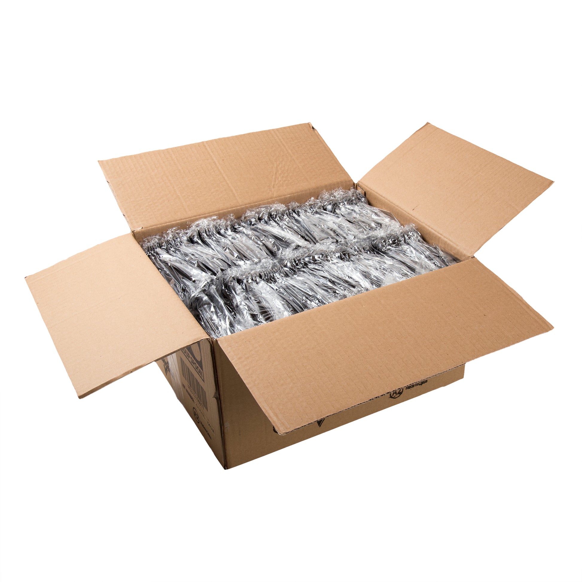 open case of Heavy Black Polystyrene Individually Wrapped soup spoons