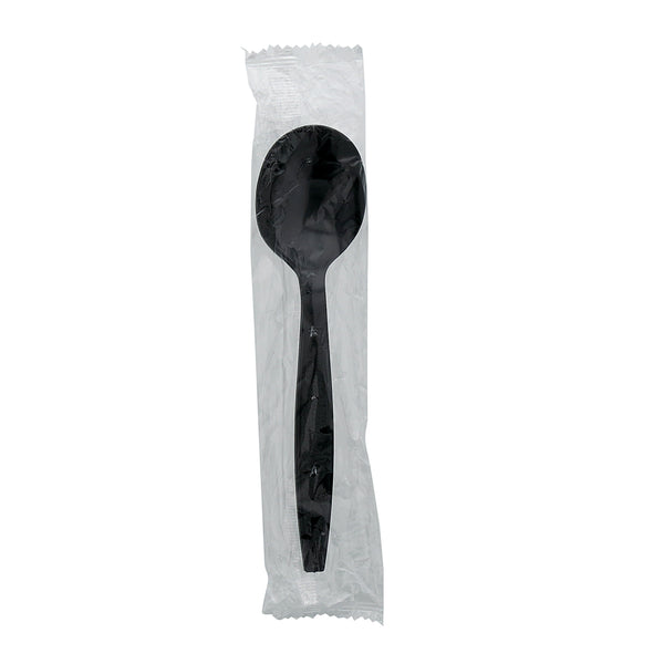 one Heavy Black Polystyrene Individually Wrapped soup spoon