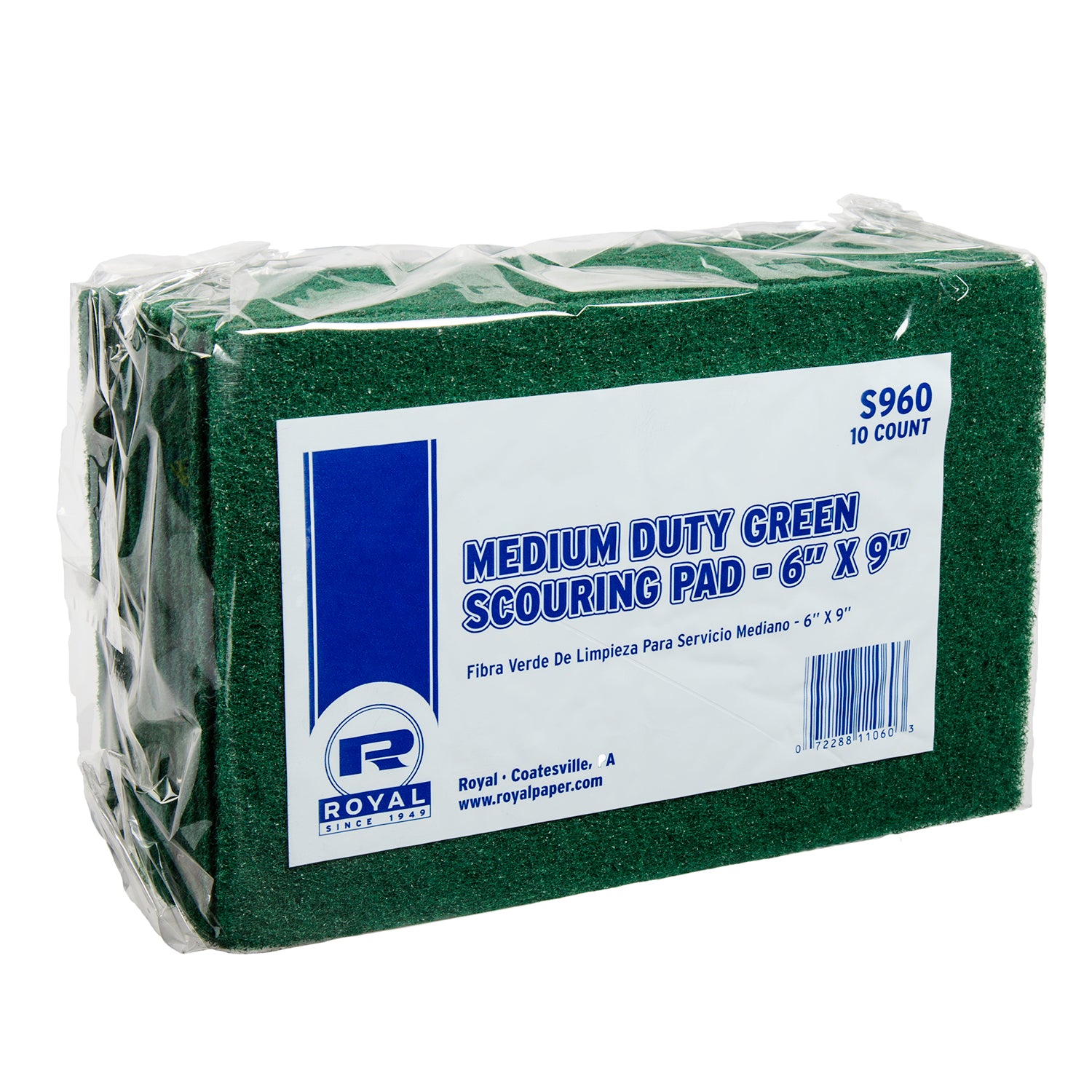 Green 6" x 9" Medium Duty Scouring Pads, Pack of 10