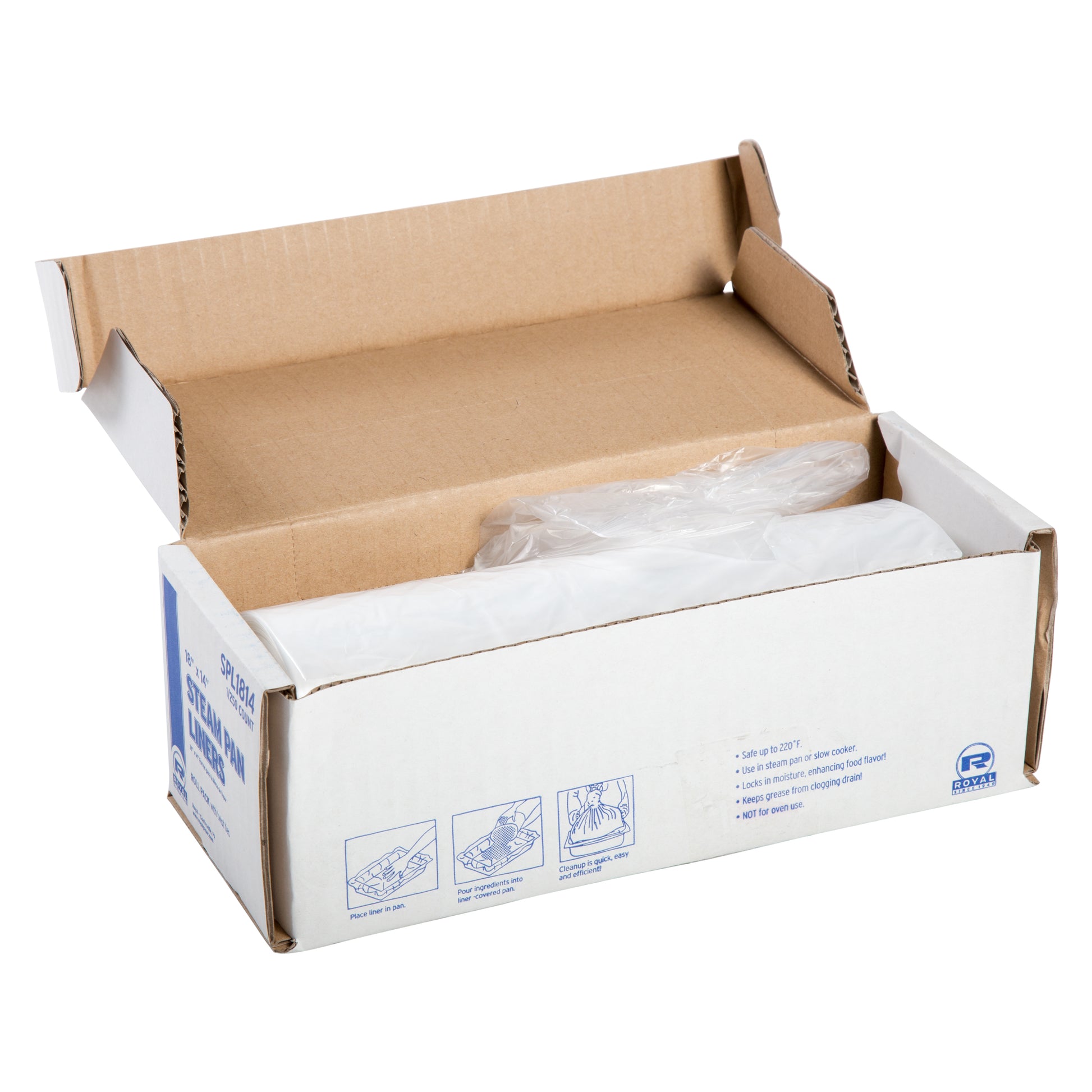 18" W x 14" L 1/4, 1/3 Pan Steam Pan Liners with Twist Ties, Package of 250 - opened