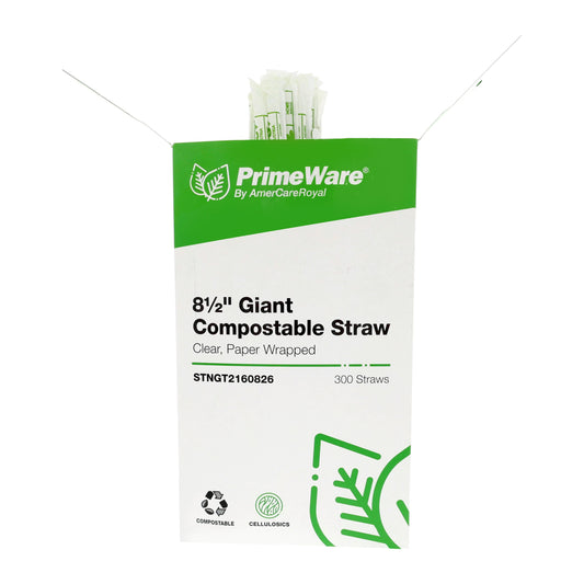 8.5" Clear Paper Wrapped Giant Cellulosic Compostable Straws inner box with a few straws popping out the top