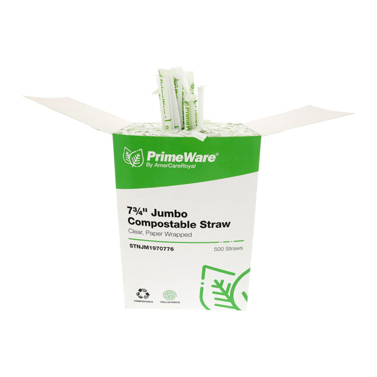 7.75" Clear Paper Wrapped Jumbo Cellulosic Compostable Straw inner box with some straws poking out