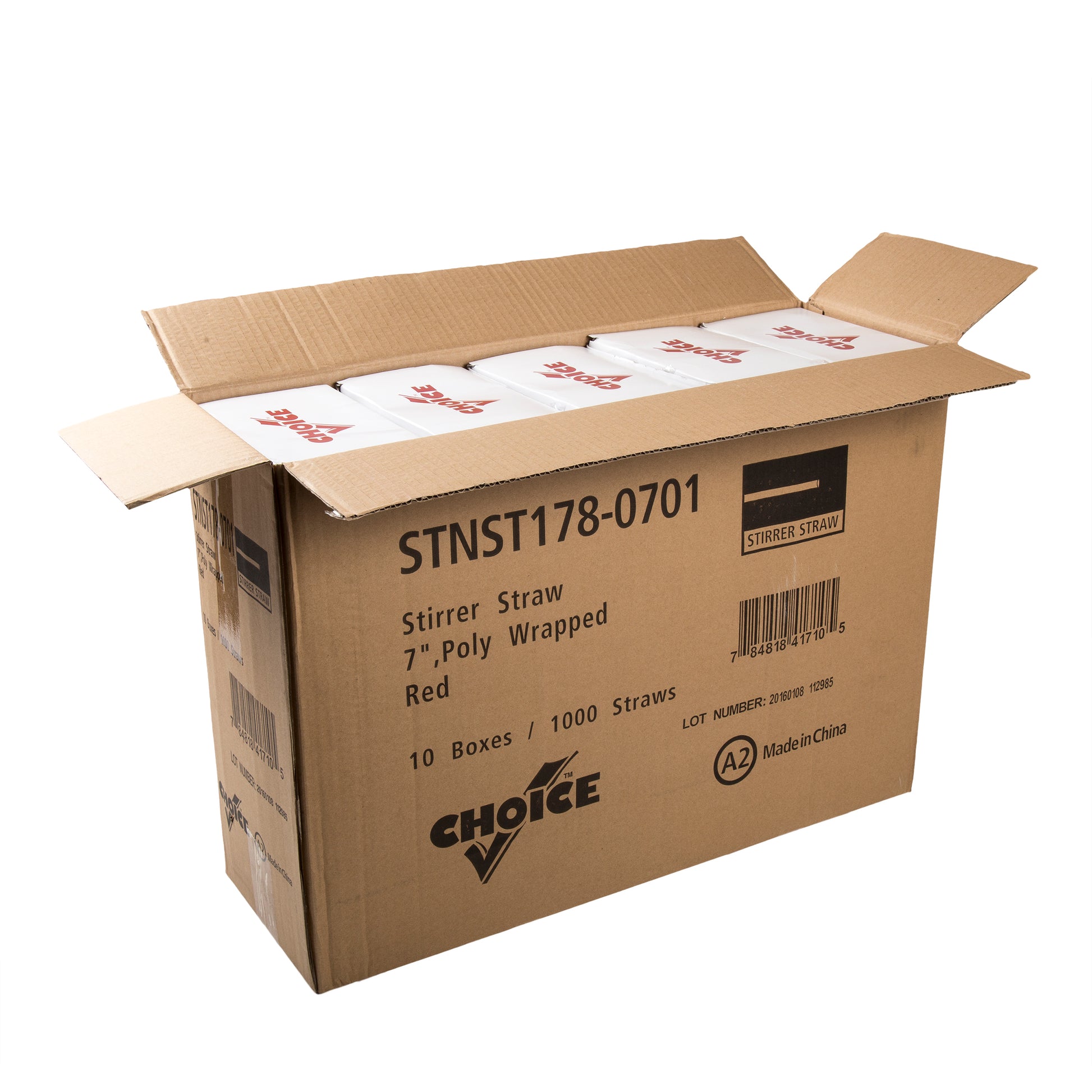 7" Red Poly Wrapped Stirrer straw, Case of 10000