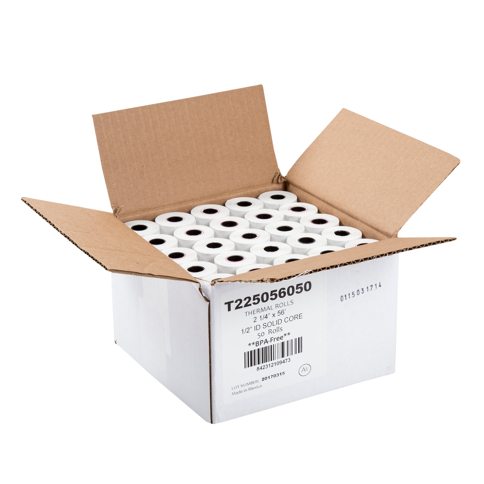 Closed case of 2.25" x 56' thermal paper rolls