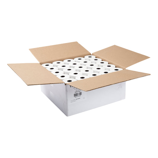 Open case of 3-1/8" x 220' white thermal paper rolls