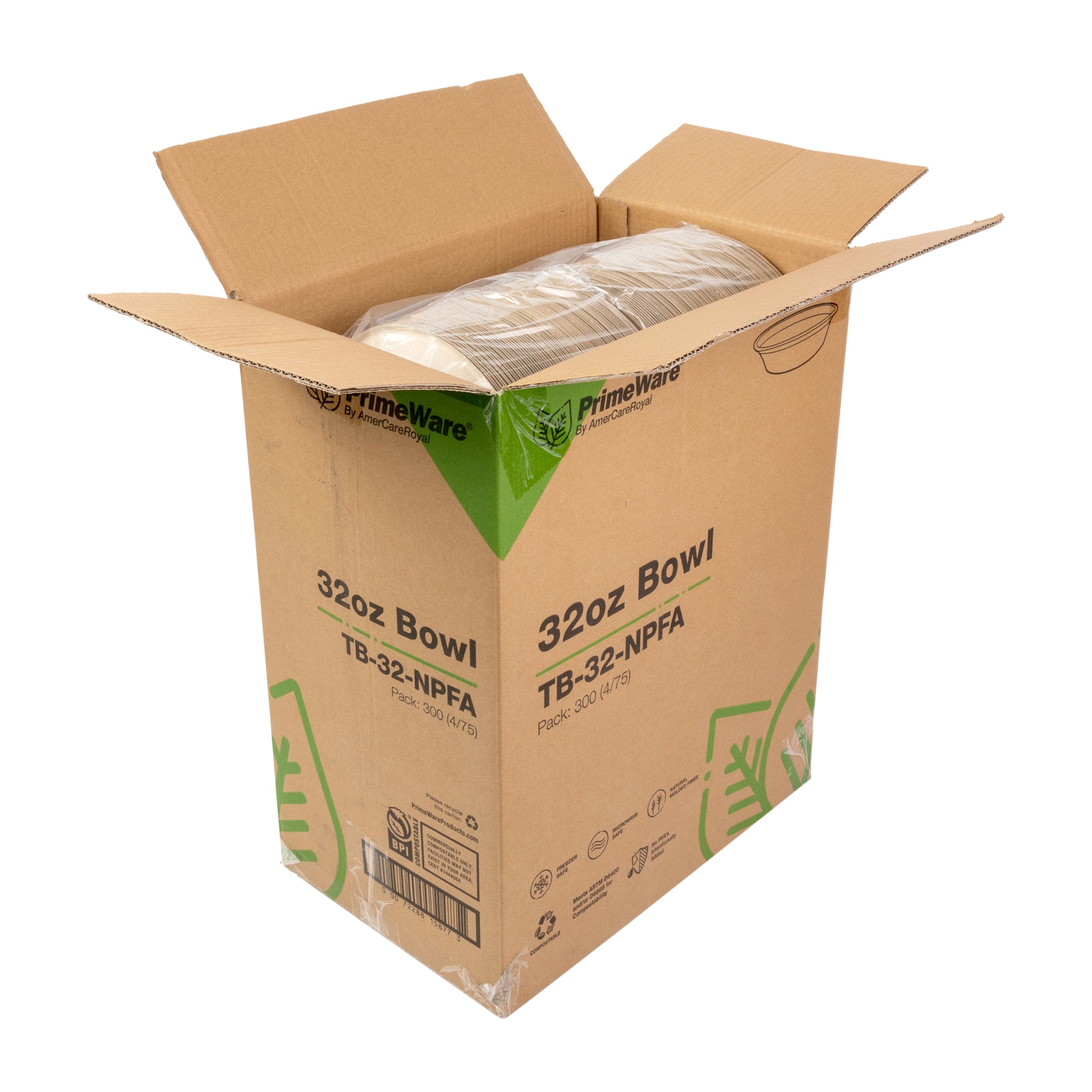 open case of 32 oz round no added pfas molded fiber bowls