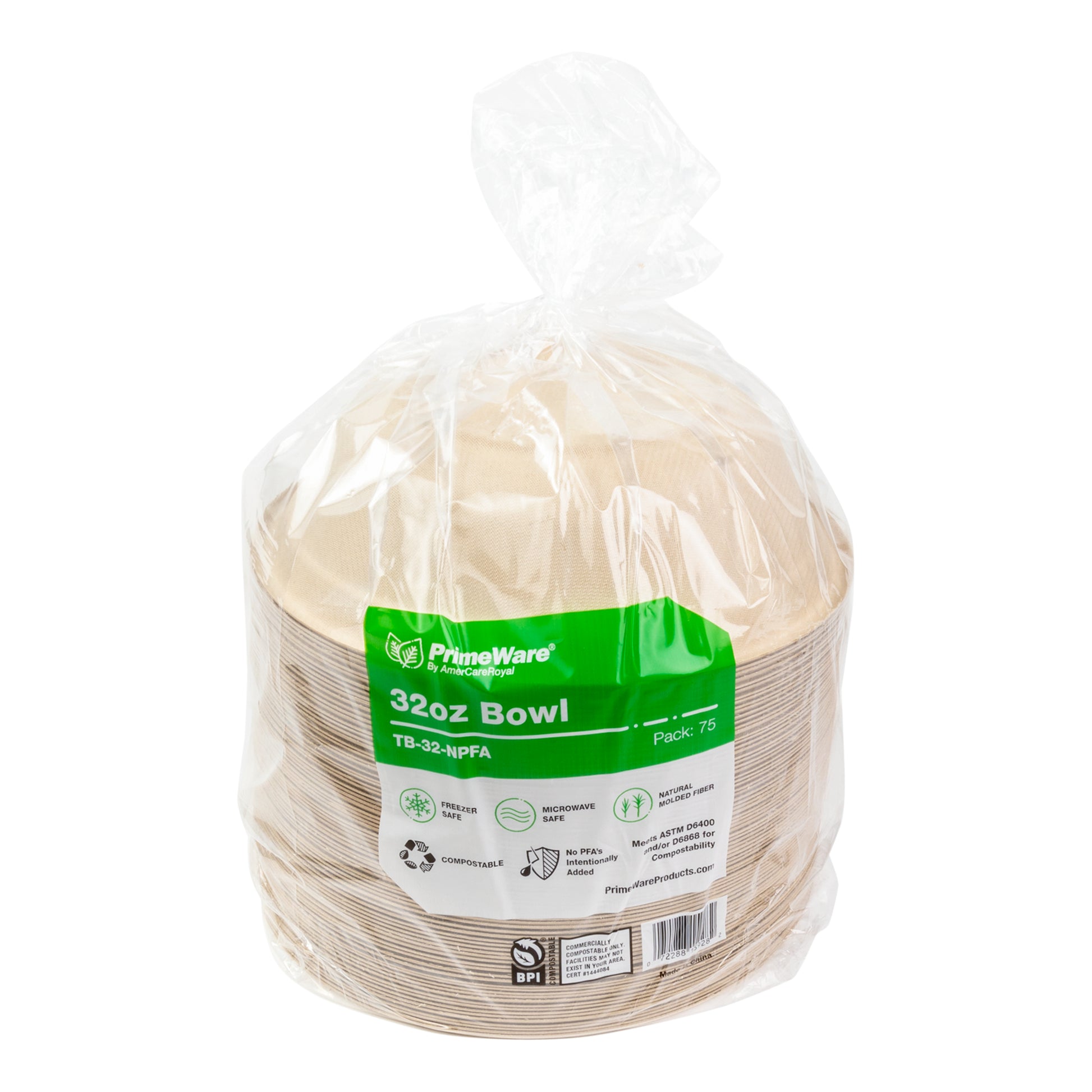 plastic sleeve of 32 oz round no added pfas molded fiber bowls