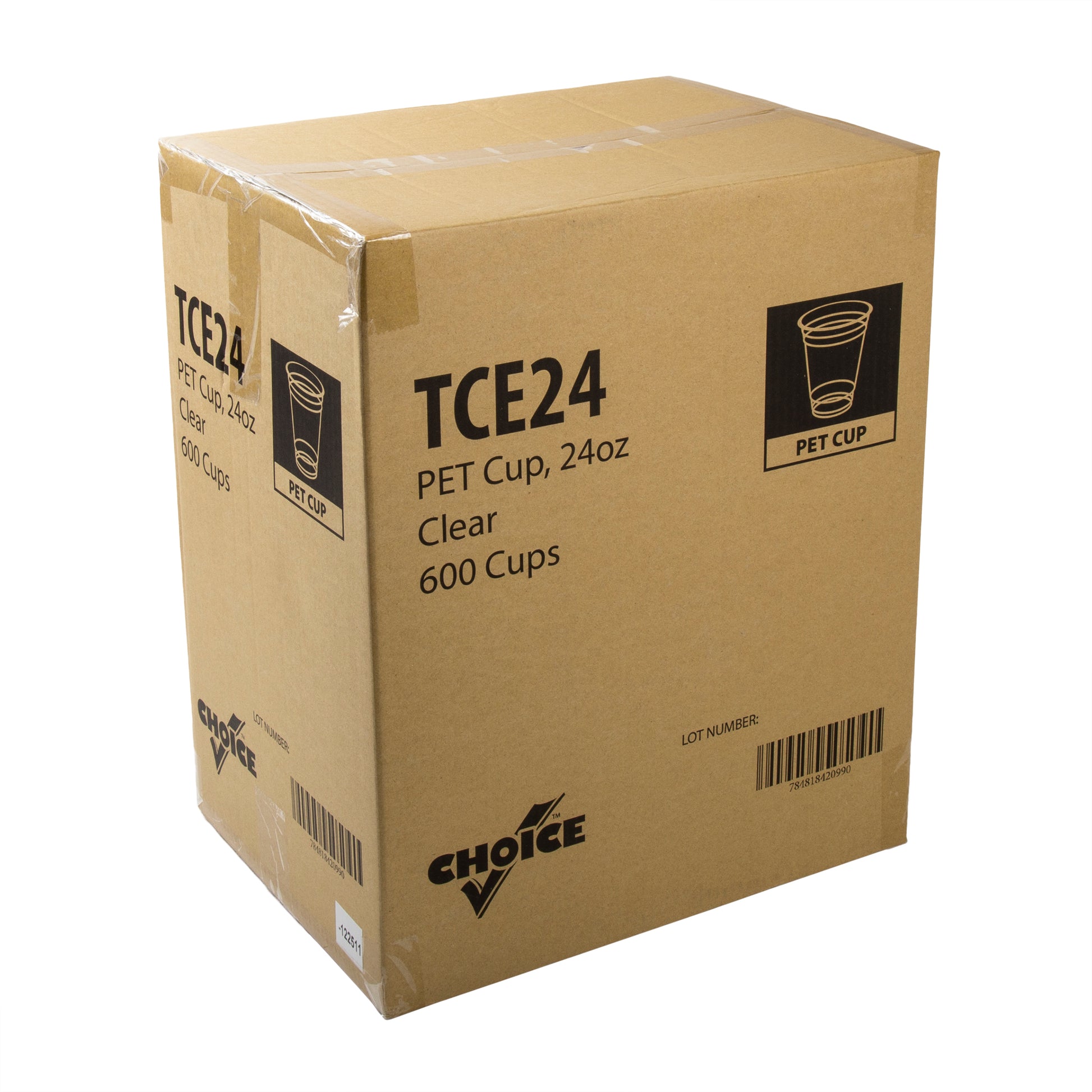 closed case of 24 oz. Clear PET Cups