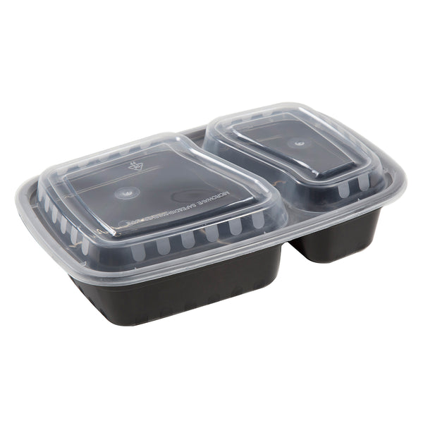 2 Compartment 32 oz. Rectangular Black Containers and Lids, Case of 150 -  Pack of 50 - Pallet (40 Cases)
