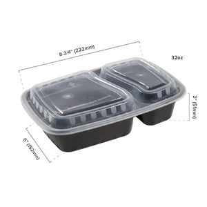 2 Compartment Black 32oz Rectangular Container - Dimensions