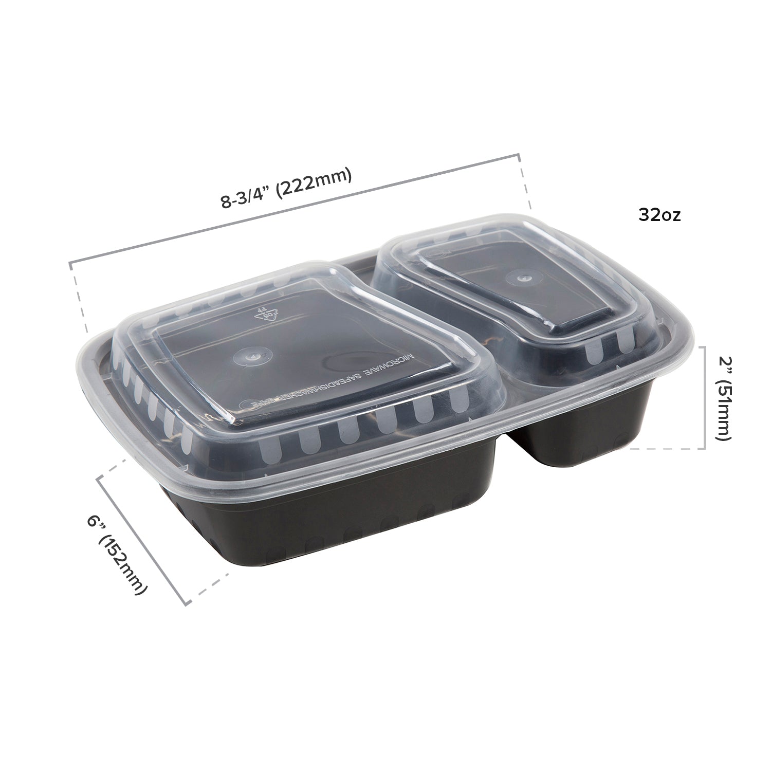 2 Compartment Black 32oz Rectangular Container - Dimensions