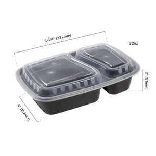 2 Compartment Black 32oz Rectangular Container - Dimensions