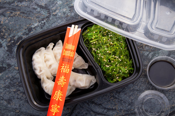 Dumplings and Nori in a 2 Compartment Black 32oz Rectangular Container