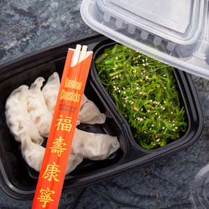 Dumplings and Nori in a 2 Compartment Black 32oz Rectangular Container