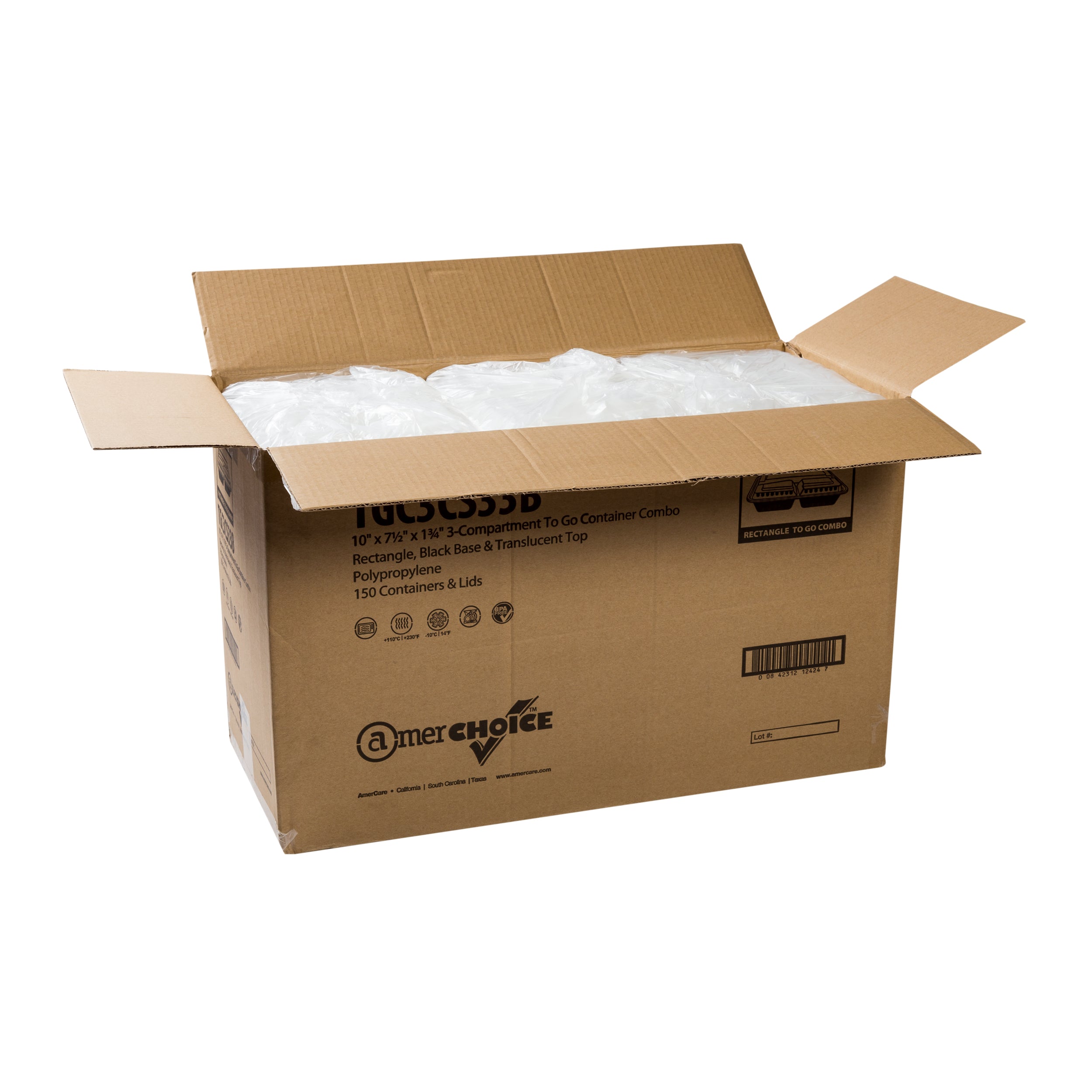 3 Compartment 33 oz. Rectangular Black Containers and Lids, Case