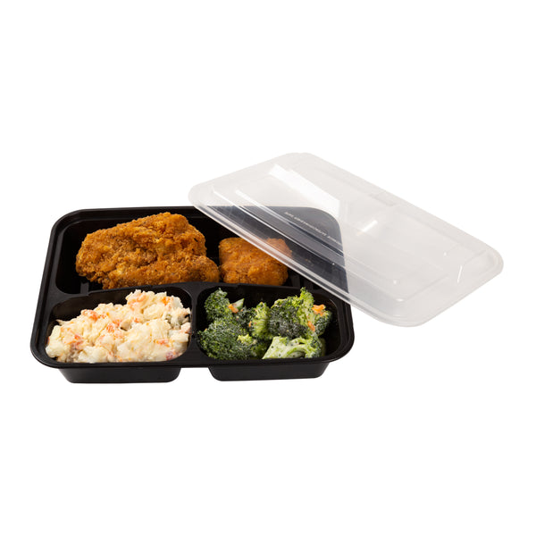 meal in a 3 Compartment Black 33oz Rectangular Container