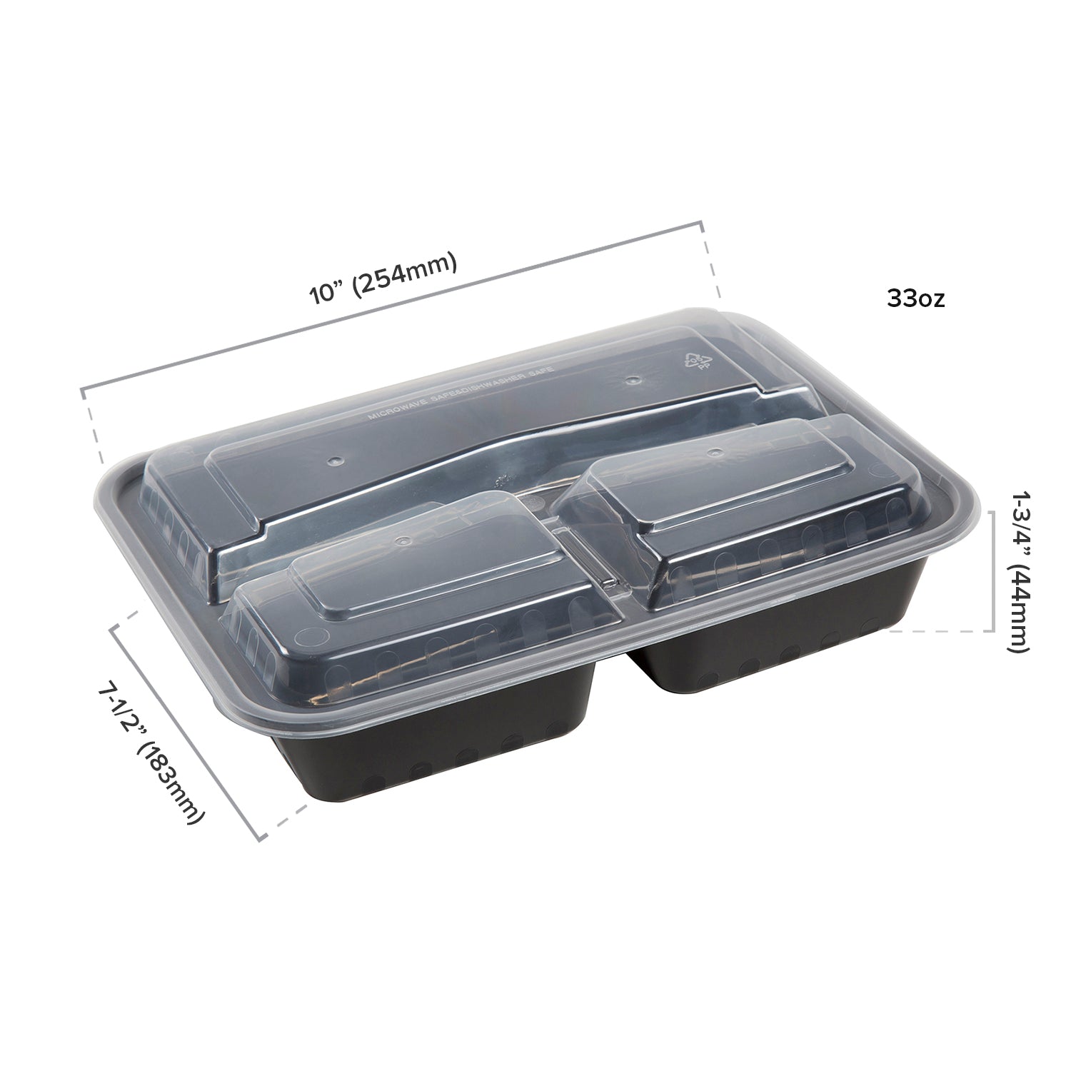 3 Compartment 33 oz. Rectangular Black Containers and Lids, Case