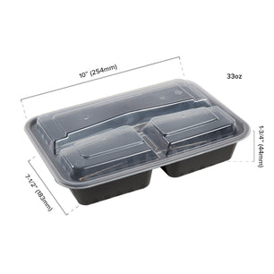 3 Compartment Black 33oz Rectangular Container Dimensions