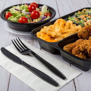 chicken and sides divided into a 3 Compartment Black 33oz Rectangular Container