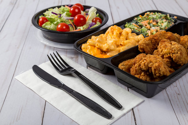 chicken and sides divided into a 3 Compartment Black 33oz Rectangular Container
