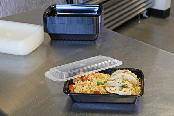 Rice and dumplings in a 28oz Rectangular Black plastic Container