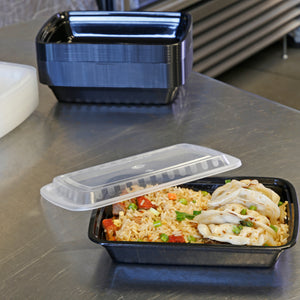 Rice and dumplings in a 28oz Rectangular Black plastic Container