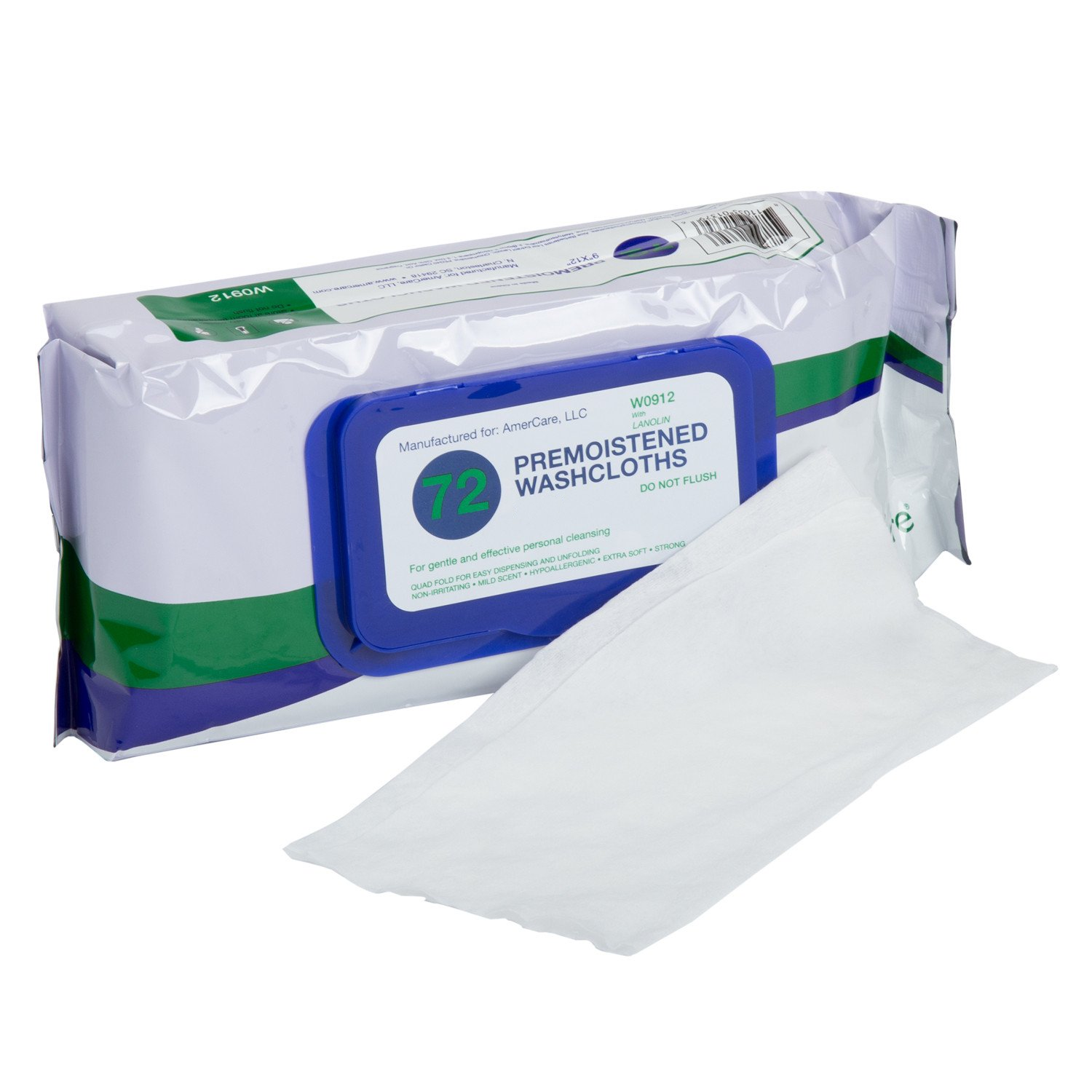 Package of 8" x 12" Premoistened Washcloths with one cloth out