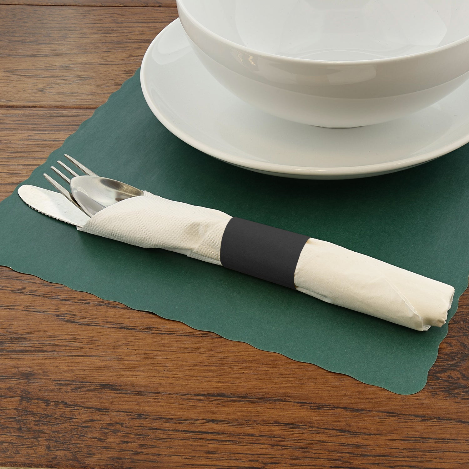 Black Paper Napkin Band with Napkin and Silverware