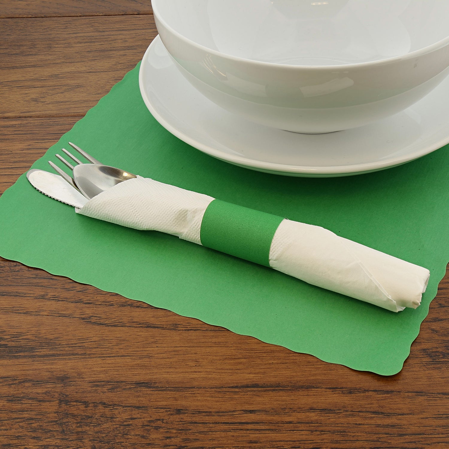 Green Paper Napkin Band with Napkin and Silverware
