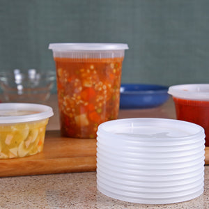 8-32 oz deli cup lid stack in front of the matching containers (sold separately) behind them