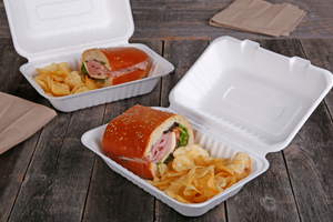 molded fiber hoagie takeout containers with sub and chips