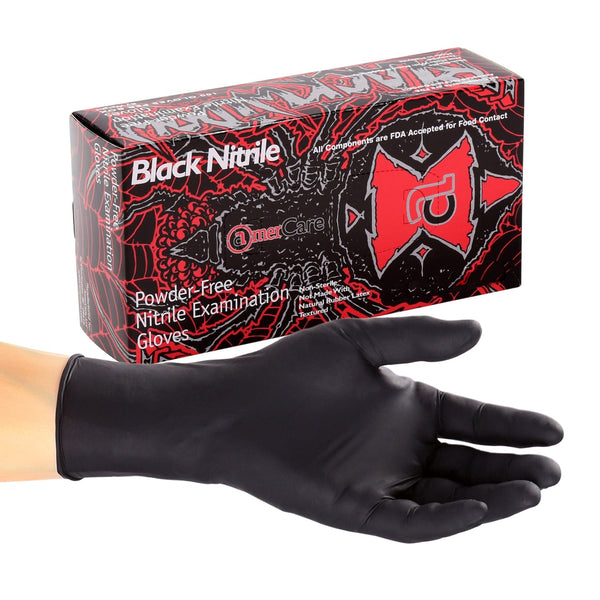 AmerCareRoyal Back of the House/Gloves/Nitrile Gloves Small Exam Grade Powder-Free Nitrile Black Widow Gloves (XS-XXL), Case of 1,000 (XXL: 900)