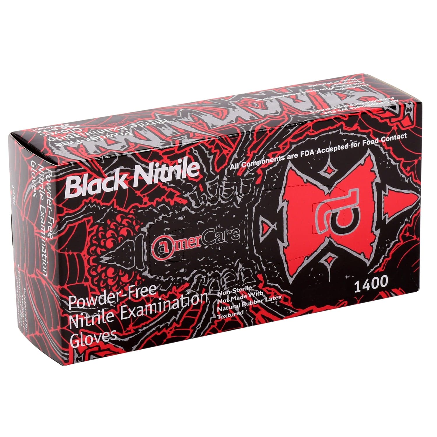AmerCareRoyal Back of the House/Gloves/Nitrile Gloves Exam Grade Powder-Free Nitrile Black Widow Gloves (XS-XXL), Case of 1,000 (XXL: 900)