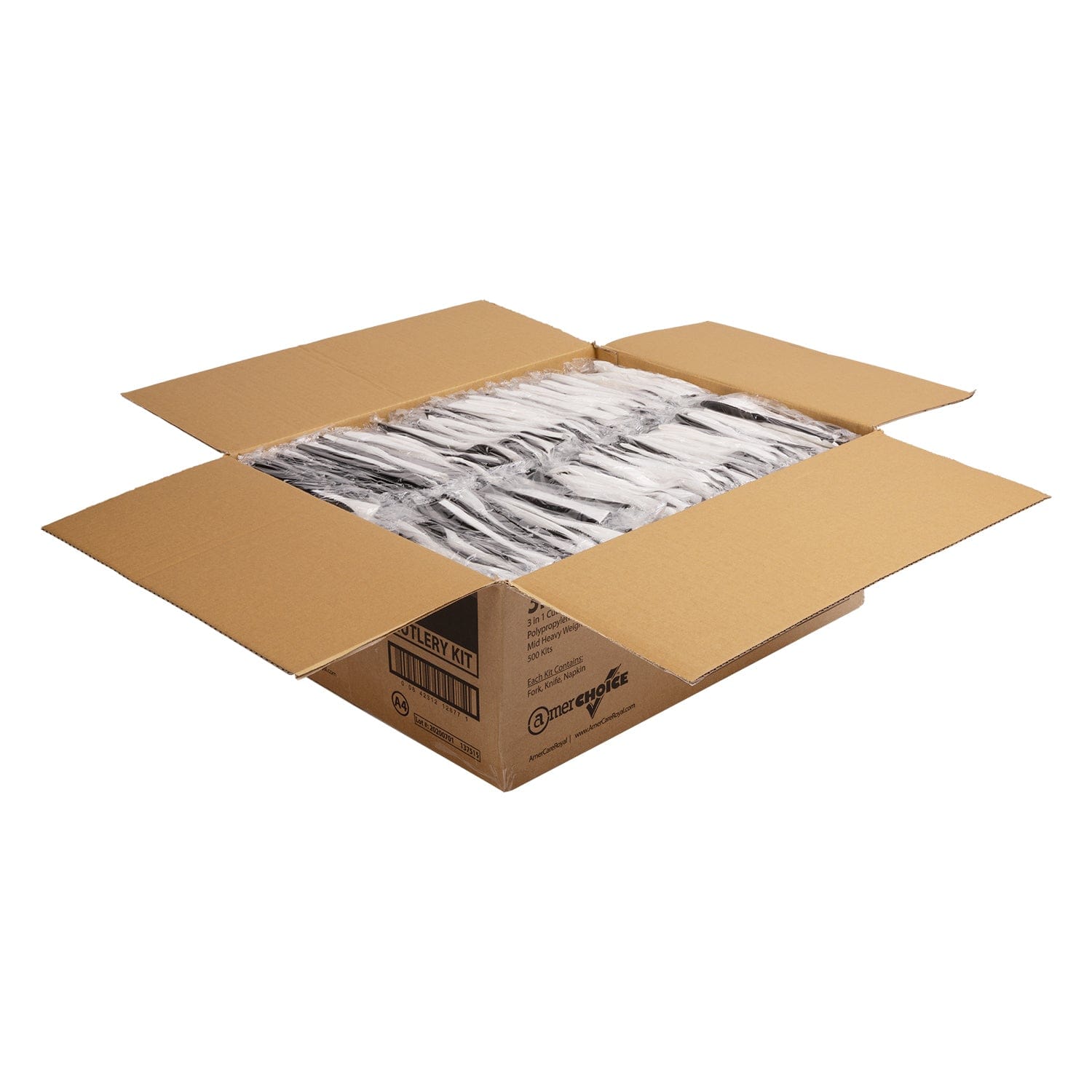 AmerCareRoyal Take-Out/Dine-In/Disposable Cutlery And Utensils/Disposable Cutlery/Disposable Cutlery Kits 3 Piece Kit PP Black Medium Heavy Weight Fork-Knife-12" x 13" Napkin, Case of 500