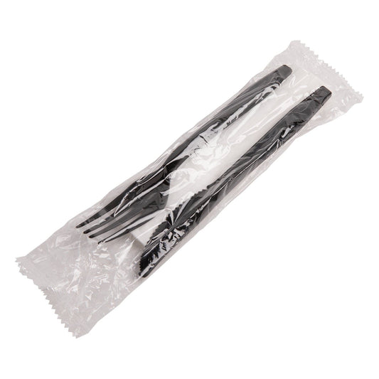 AmerCareRoyal Take-Out/Dine-In/Disposable Cutlery And Utensils/Disposable Cutlery/Disposable Cutlery Kits 3 Piece Kit PP Black Medium Heavy Weight Fork-Knife-12" x 13" Napkin, Case of 500