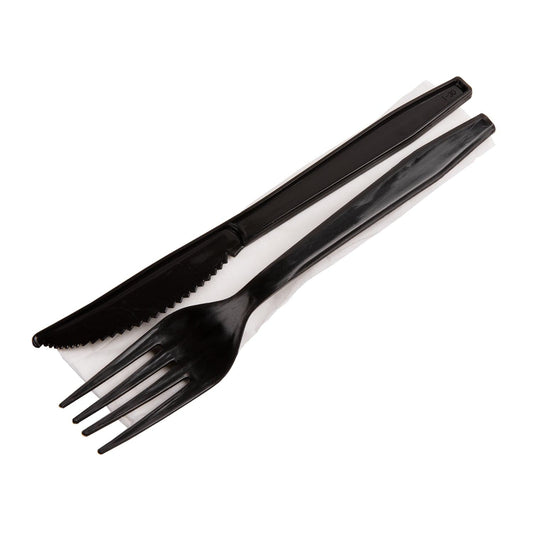AmerCareRoyal Take-Out/Dine-In/Disposable Cutlery And Utensils/Disposable Cutlery/Disposable Cutlery Kits 3 Piece Kit PP Black Medium Heavy Weight Fork-Knife-12" x 13" Napkin, Case of 500